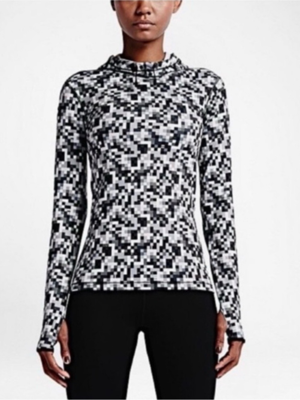 Nike Dri-Fit Women's Workout Hoodie Black & White Pixel-Print Long-Sleeve Top